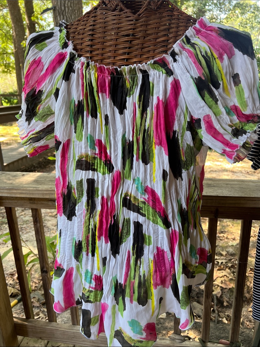 Cato White Off-Shoulder Tunic with Pink, Green & Black Brushstrokes